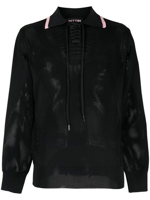 Lace-up fastening knit polo shirt - Black