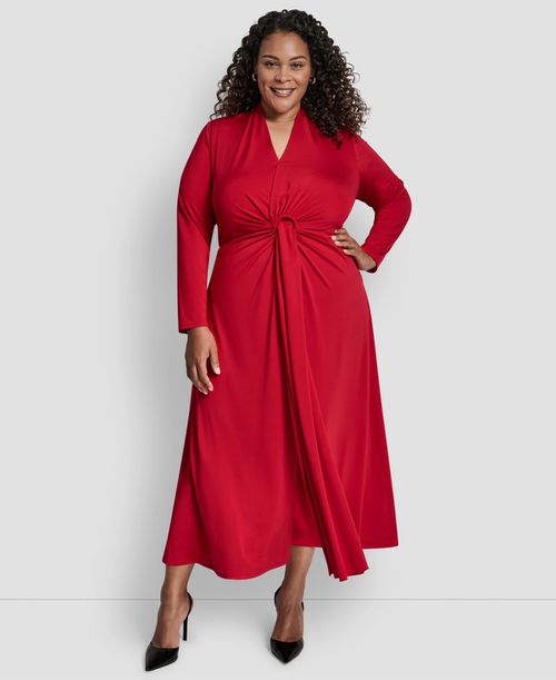 Plus Size Long Sleeve O-Ring Maxi Dress - Red