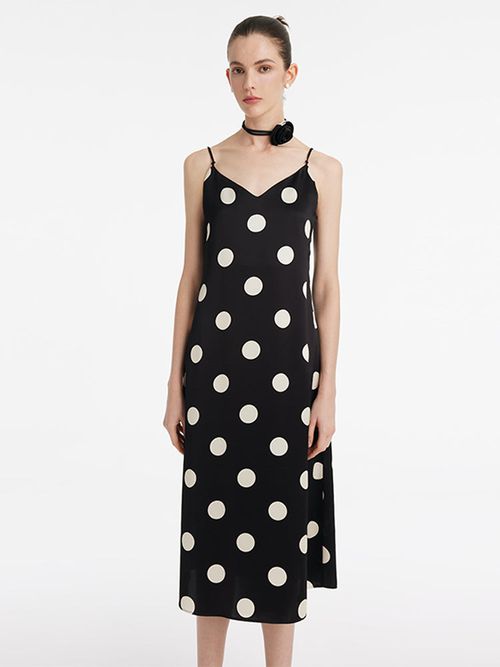 Acetate Polka Dots Print Spaghetti Strap Women Midi Dress With Rose Belt