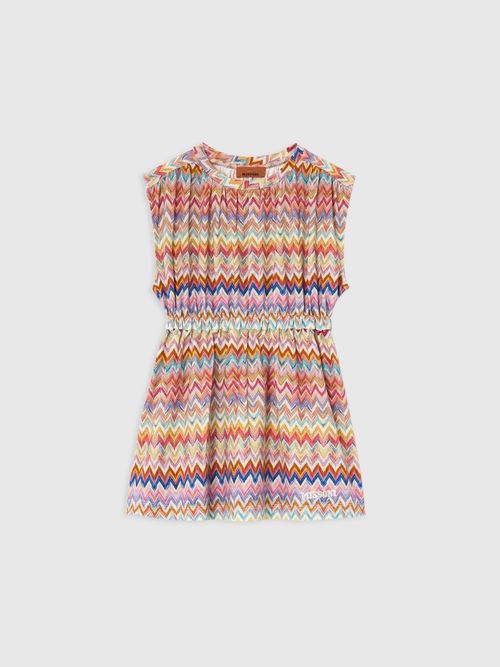 Missoni - Short dress with short sleeves, printed logo and zig zag details, Girl, White & Multicoloured