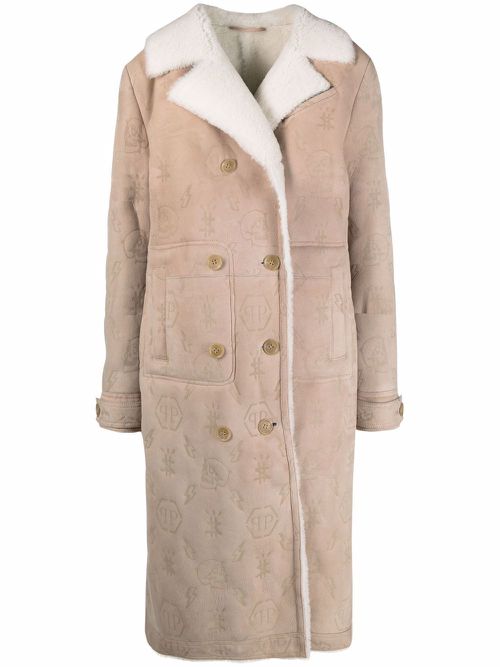 Monogram-embossed long shearling coat - Neutrals