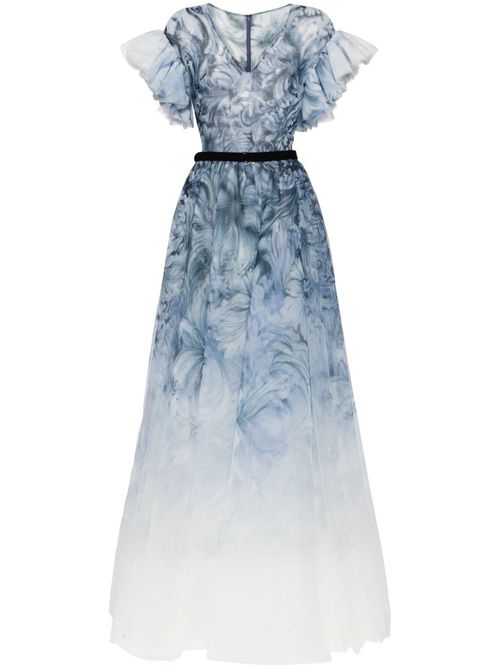 Abstract-print belted gown - Blue