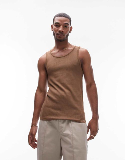 Topman ribbed tank top in washed brown