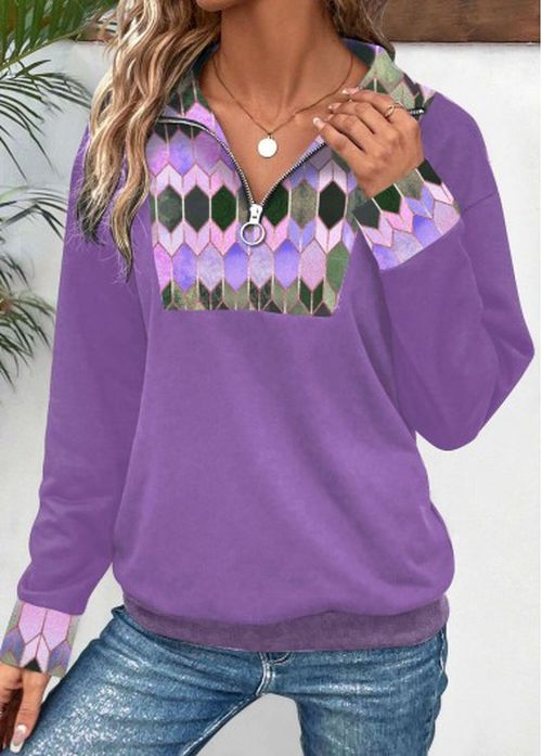 Modlily Purple Patchwork Geometric Print Long Sleeve Sweatshirt