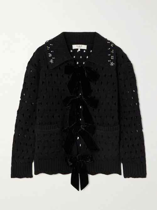 Leia Embellished Velvet-trimmed Open-knit Wool Cardigan