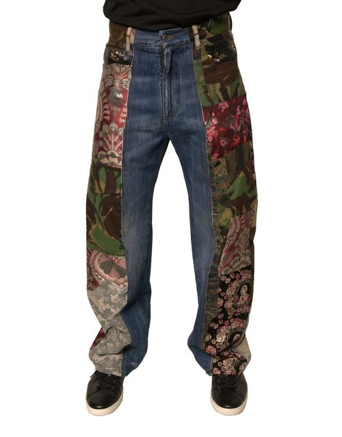 Patchwork Cotton Straight Denim Jeans — Blue