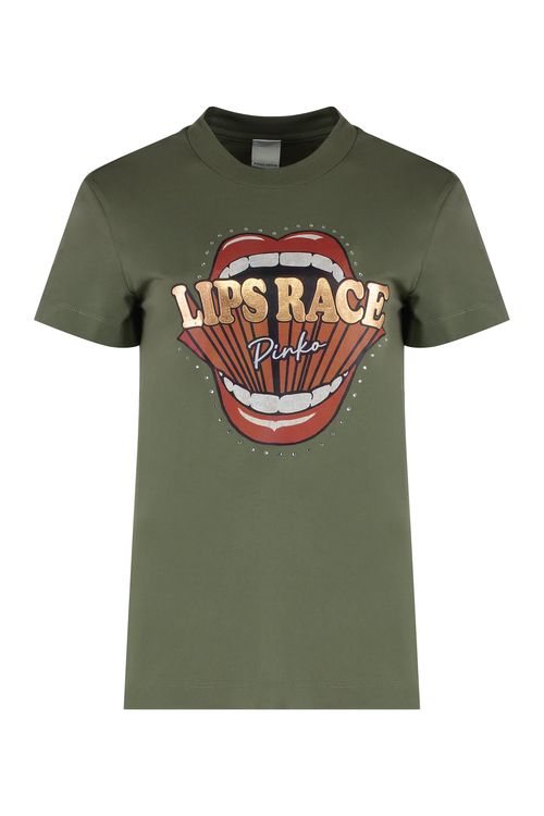 Rhinestone Front Print Cotton Crew-Neck T-Shirt
