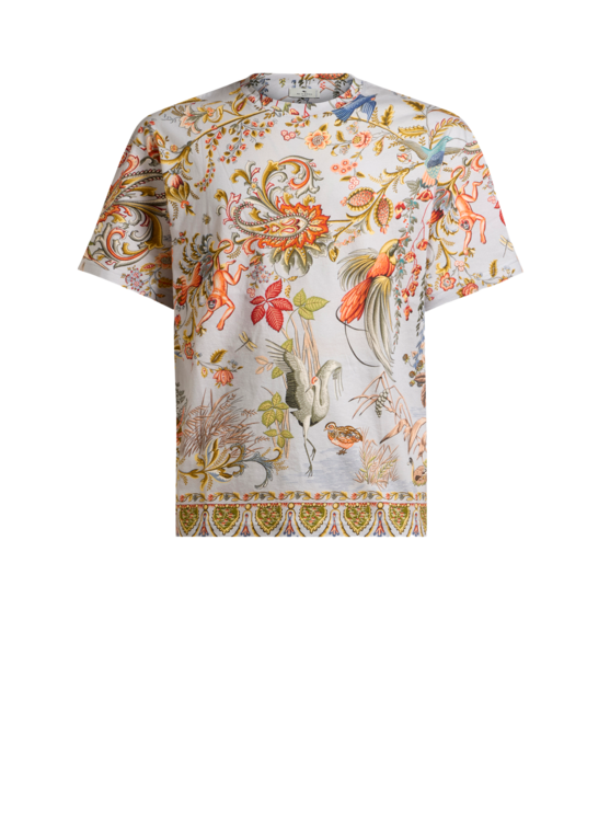 Cotton T-shirt With Placed Flora And Fauna Print