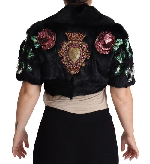 Sequin & Crystal-Embellished Rabbit Fur Jacket — Black