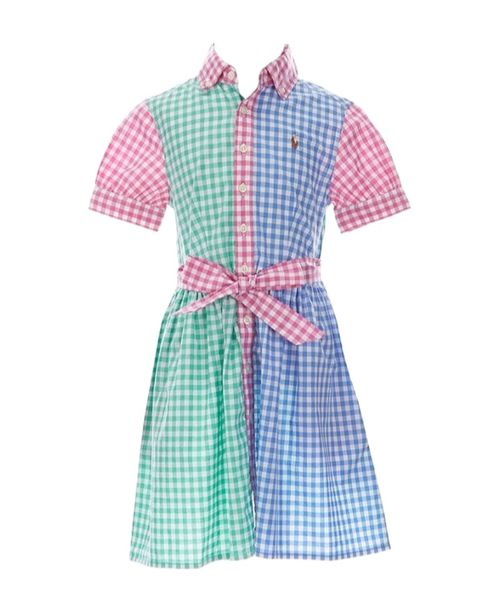 Gingham check-pattern cotton shirt dress