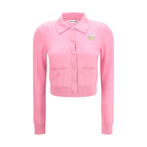 Floral-Embroidered Wool Cardigan — Pink
