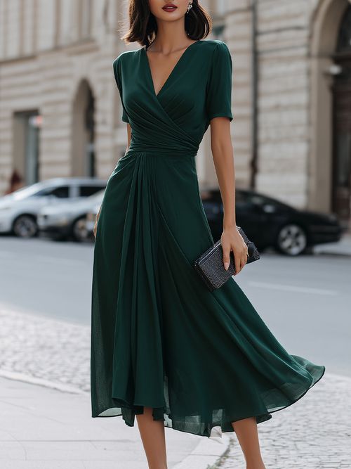 V-Neck Wrap-Style Midi Dress With Waist Draping Detail - Emerald Green