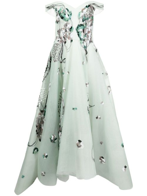 Off-shoulder beaded tulle dress - Green