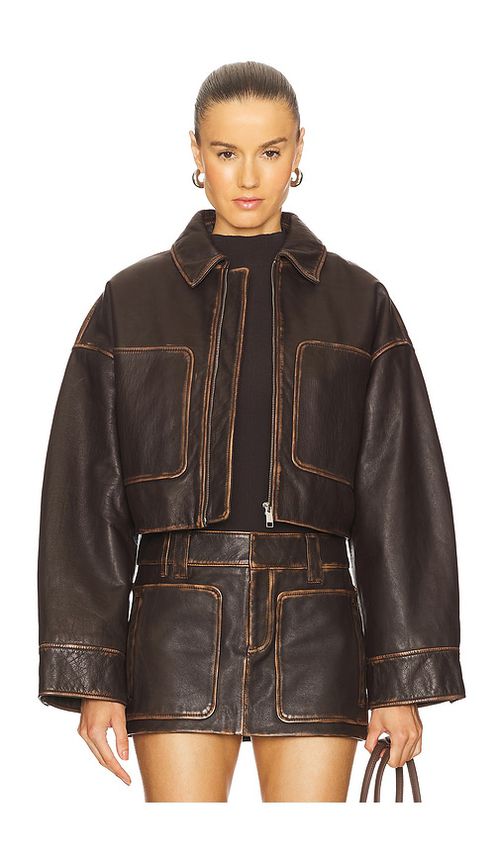 GRLFRND Cropped Leather Patch Pocket Jacket in Brown - Brown. L also in