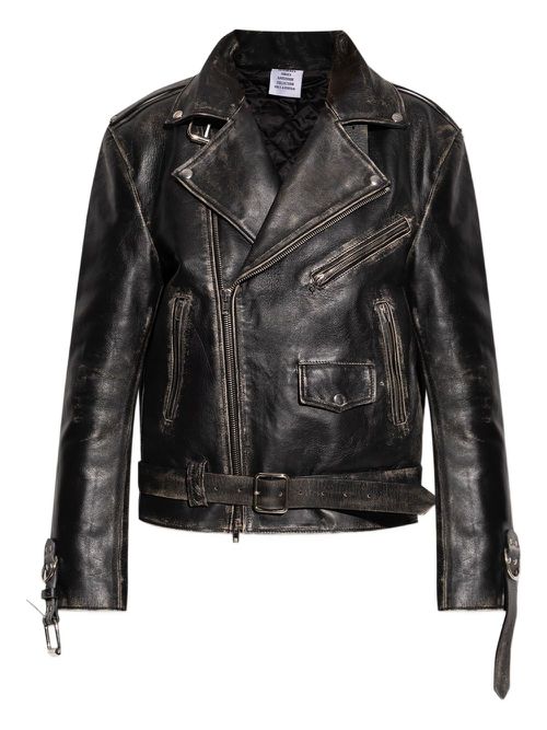 Belted distressed leather jacket - VINTAGE BLACK