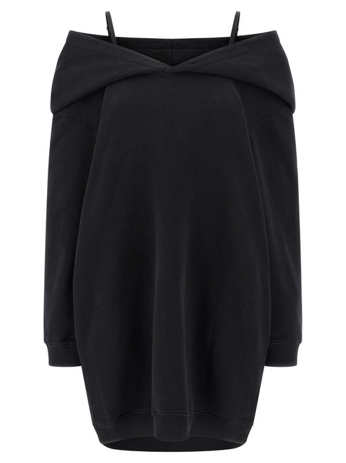 Off-Shoulder Draped Hood Sweatshirt Dress — Black