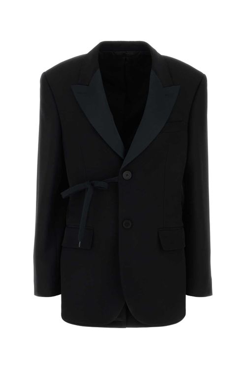 Satin Lapel Wool Blazer — Black