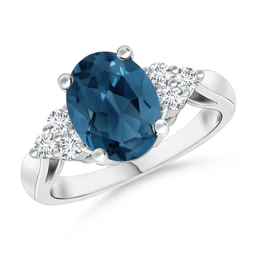 Angara 2.25 Carats Oval London Blue Topaz Cocktail Ring with Trio Diamonds in Platinum