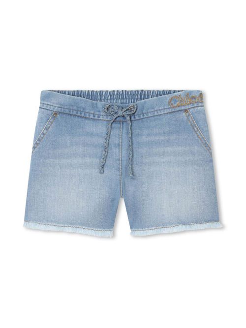 Logo-embroidered fringed denim shorts - Blue
