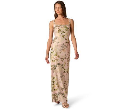 Women's Printed Jacquard Bead Square Neck Column Dress - BLUSH MULTI