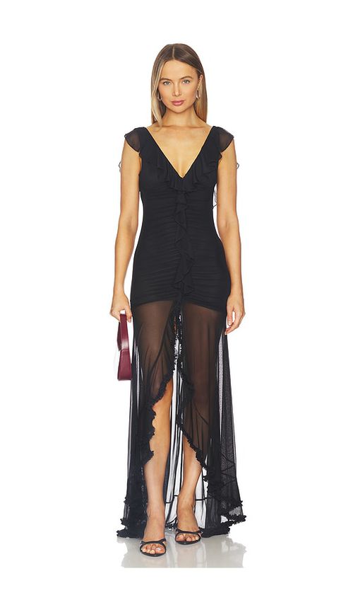 Runaway The Label Blythe V-neck Frill Maxi Dress in Black. - M also in L, S