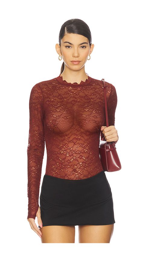 Alice + Olivia Taeyn Lace Crew Neck Bodysuit in Red. L. Also in XS