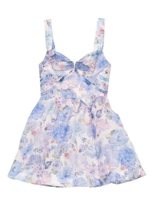Silk & Linen Blend Keyhole Neck Mini Dress with Tulle Underlay