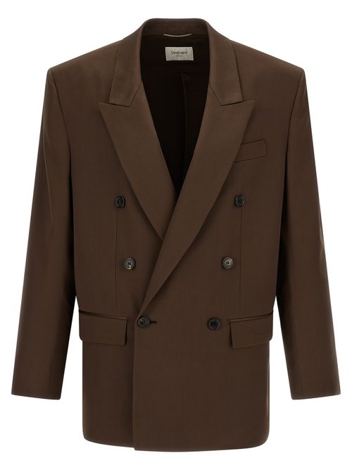 Double-Breasted Silk Satin Blazer — Brown