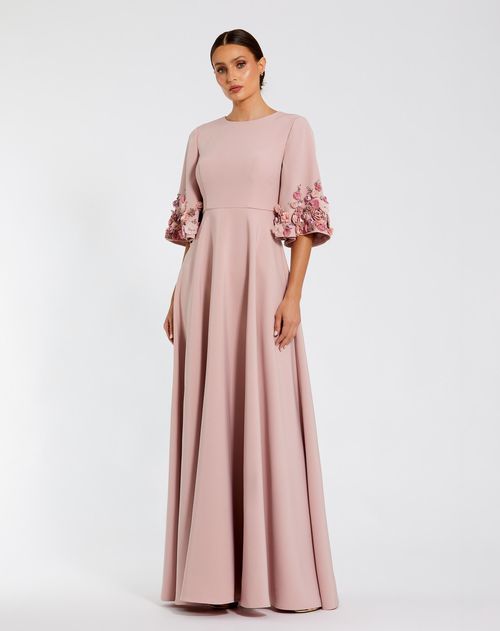 Mac Duggal | Pink Stretch Satin 3/4 Sleeve Maxi Gown with Flower Trim Rose  | Realry