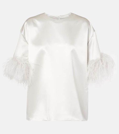 Feather-trimmed silk satin top