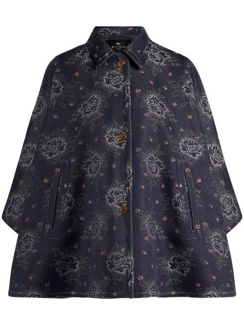 Floral-pattern jacquard denim cape - Blue