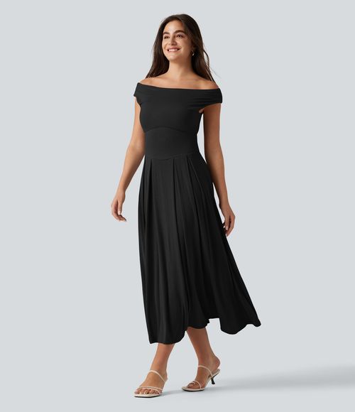 Ribbed Off Shoulder Tummy Control Midi Casual Flowy Dress Casual Dress - Black