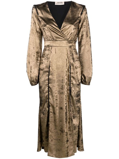 Lace-up detail velvet wrap dress - Gold