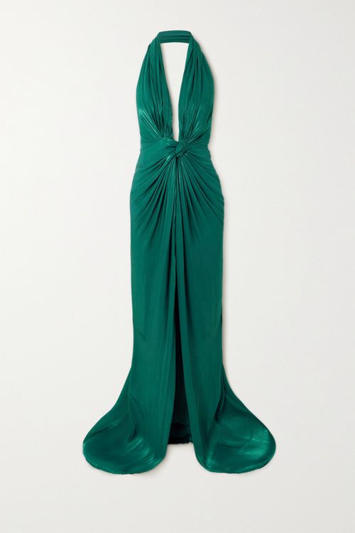 Twist-front Metallic Georgette Halterneck Gown - Green