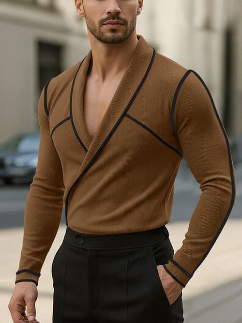 Men's Knit Color Block Trim Lapel Long Sleeve T-Shirt SKUL45325 - Brown / S