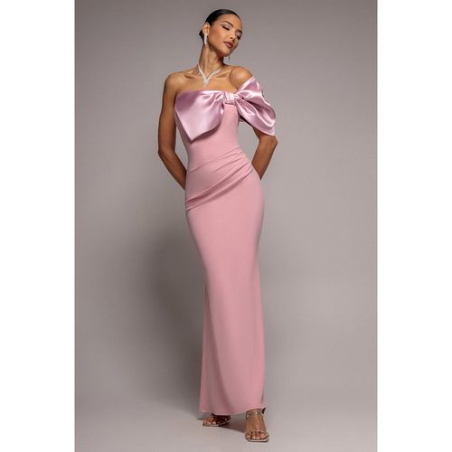 Goddiva Off The Shoulder Satin Bow Neck Maxi Dress - Blush Pink
