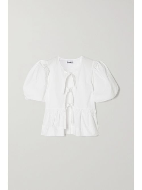 Tie-front Organic Cotton-poplin Peplum Blouse - White