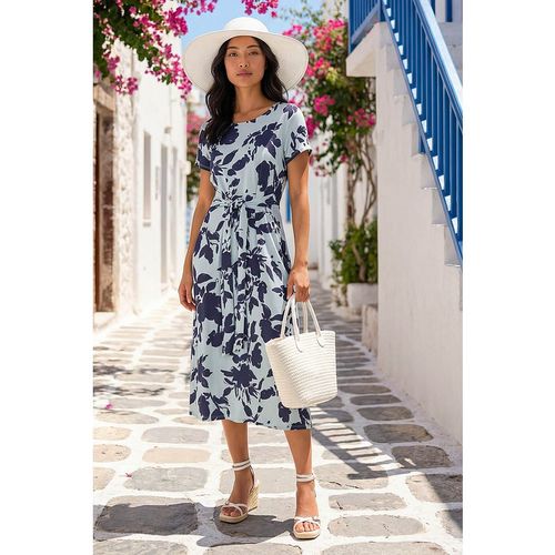 Roman Womens Petite Floral Tie Front Stretch Midi Dress - Blue