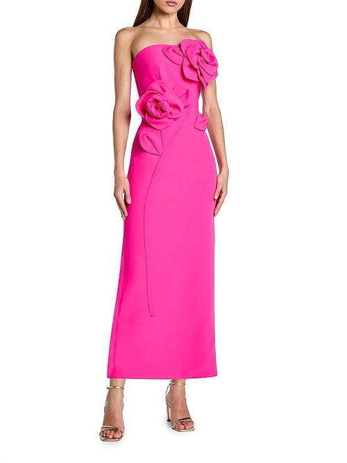 Women's Floral Embellished Crepe Strapless Maxi Dress - Hot Pink
