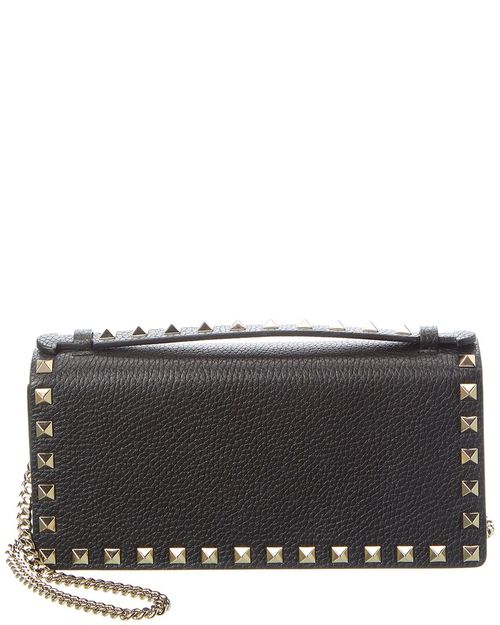 Rockstud Grainy Leather Wallet on Chain