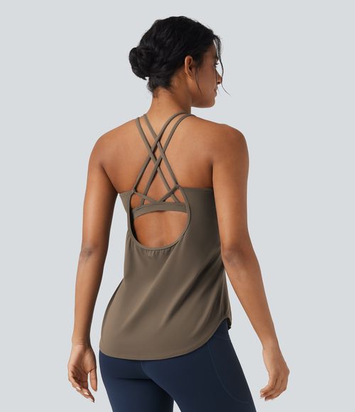 UltraSculpt™ Round Neck Crisscross Back Running Tank Tops DD-F Cups Tank Top - Dawn Brown