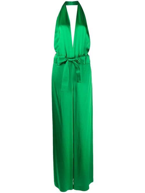 Halter V-neck satin jumpsuit - Green