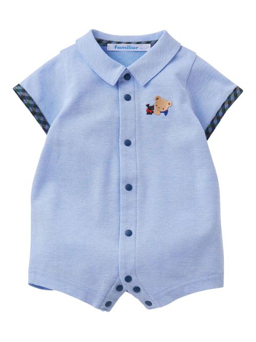 Bear-embroidered short-sleeved romper - Blue