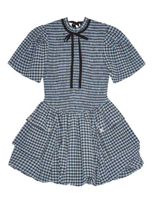 GANNI checked seersucker mini dress - Blue