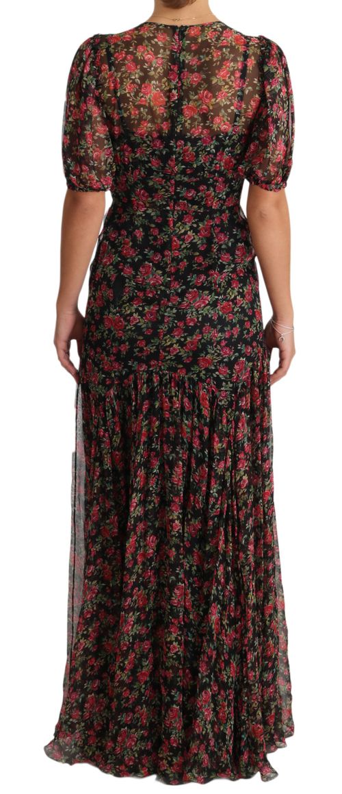 Floral Silk A-Line Dress — Black