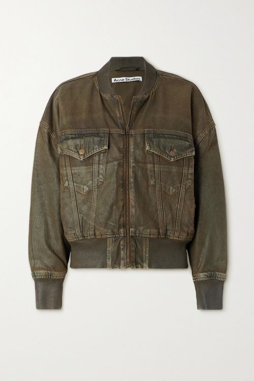 Oversized Distressed Denim-trimmed Faux Leather Jacket - Army green