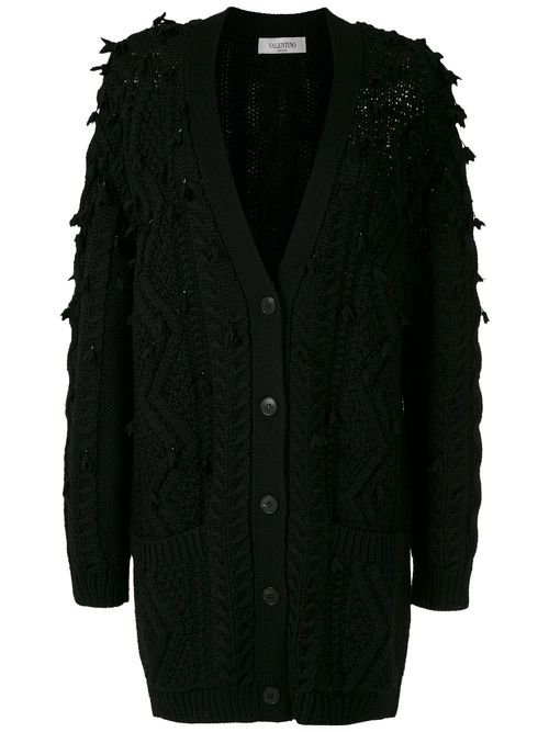 Valentino Garavani oversized tassel-trim cable-knit cardigan - Black