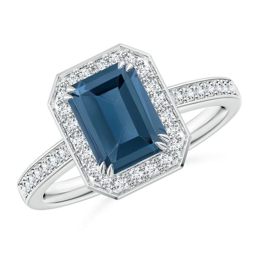 Angara 1.95 Carats Emerald-Cut London Blue Topaz Engagement Ring with Halo in Platinum