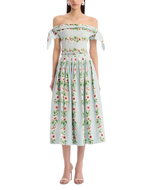 Off Shoulder Hibiscus Stripes Poplin Day Dress