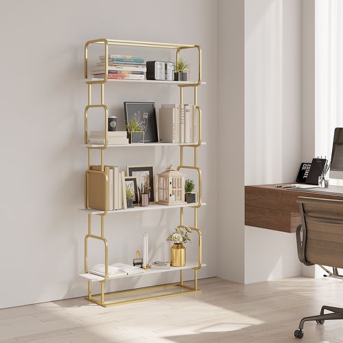 1800mm Modern White Tall Freestanding Wooden Office 4 Shelves Etagere Bookcase in Gold